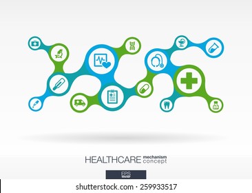 Healthcare. Growth abstract background with connected metaball and integrated icons for medical, health, care, medicine, network, social media and global concepts. Vector interactive illustration.