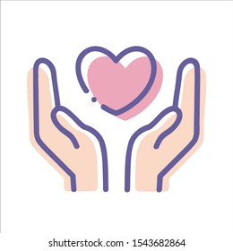 Healthcare hands holding heart flat vector icon for apps and website. Line icon