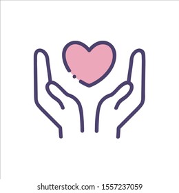 Healthcare hands holding heart flat vector icon for apps and website. Line icon