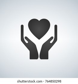 Healthcare hands holding heart flat icon for apps and website, black vector illustration isolated on light background