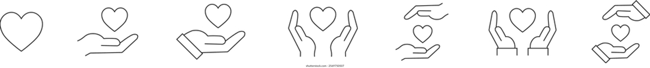 Healthcare hands holding heart icons set. Care and support icon, representing love, care, and kindness. Suitable for health, charity, and support-related concepts. Isolated on transparent background.