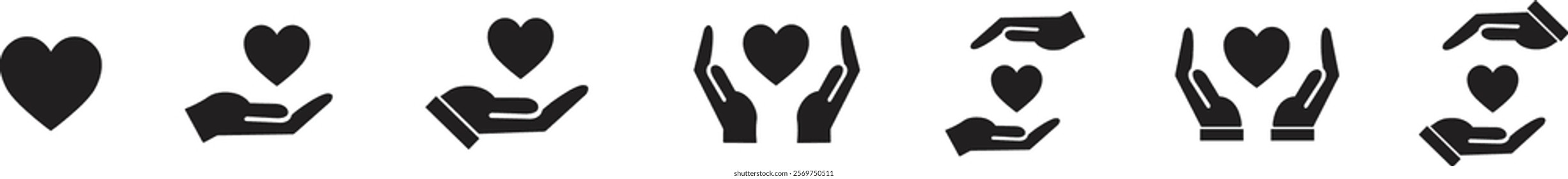 Healthcare hands holding heart icons set. Care and support icon, representing love, care, and kindness. Suitable for health, charity, and support-related concepts. Isolated on transparent background.