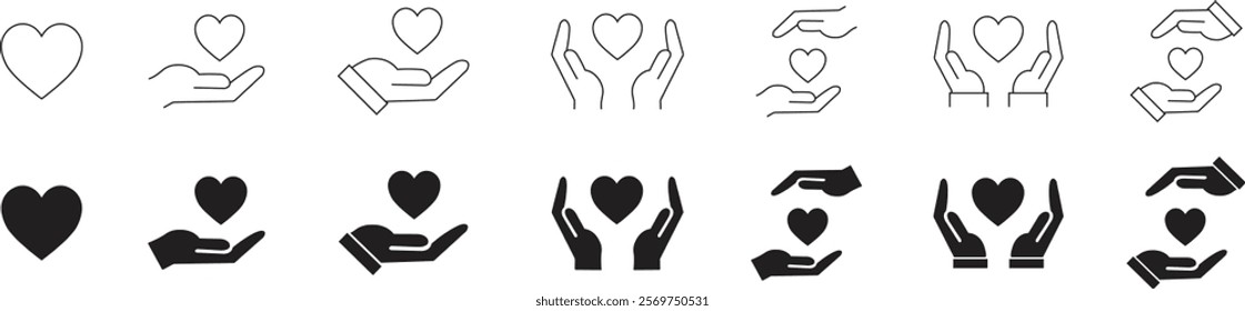 Healthcare hands holding heart icons set. Care and support icon, representing love, care, and kindness. Suitable for health, charity, and support-related concepts. Isolated on transparent background.