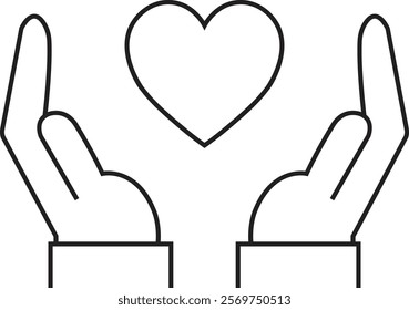 Healthcare hands holding heart line icon. Care and support icon, representing love, care, and kindness. Suitable for health, charity, and support-related concepts. Isolated on transparent background.