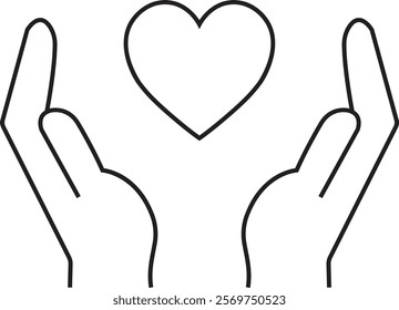 Healthcare hands holding heart line icon. Care and support icon, representing love, care, and kindness. Suitable for health, charity, and support-related concepts. Isolated on transparent background.