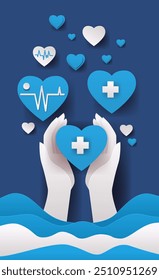 Healthcare hands holding heart symbols medical care concept. Hands holding blue hearts with medical symbols and ECG lines floating on blue background with wave elements. Paper cut style