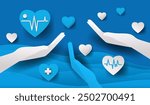 Healthcare hands holding hearts medical theme. Blue background with white and blue hearts hands supporting healthcare symbols waves design. Paper cut style