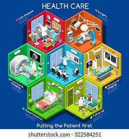 Healthcare Health Care Infographic. Clinic Trial Isometric People Set 3D Flat Patient Treatment. Hospital Medical Staff Doctor Nurse Pharmaceutical Lab Room Vector Medicine App Icon Image Illustration