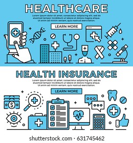 Healthcare, health insurance concepts. Flat design line banners set. Modern graphic elements, thin line icons for web banners, web sites, infographics. Premium quality. Vector illustration