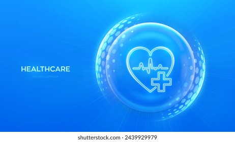 Healthcare. Health insurance. Heart with cross icon inside transparent protection sphere shield with hexagon pattern on blue background. Health Care and Medical services concept. Vector illustration.