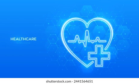 Healthcare. Health insurance. Heart with cross and heartbeat icon on blue medical background with hexagons. Health Care and Medical services banner. Molecular structure. Vector illustration.