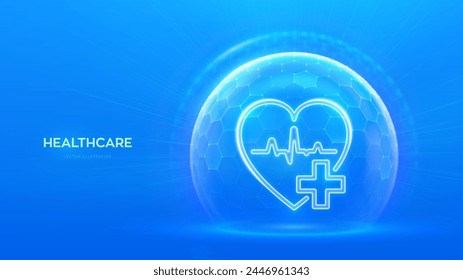 Healthcare. Health insurance. Heart with cross icon inside transparent protection dome sphere shield with hexagon pattern on blue background. Health Care Medical services concept. Vector illustration.