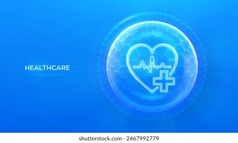 Healthcare. Health insurance. Heart with cross icon inside transparent protection sphere shield with hexagon pattern on blue background. Health Care and Medical services concept. Vector illustration.