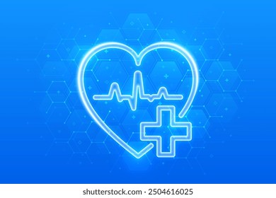 Healthcare. Health insurance. Heart with cross and heartbeat icon on blue medical background with hexagons. Health Care and Medical services banner. Molecular structure. Vector illustration.