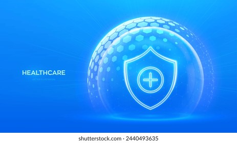 Healthcare. Health insurance. Protection shield cross icon inside transparent dome sphere with hexagon pattern on blue background. Health Care and Medical services concept. Vector illustration.