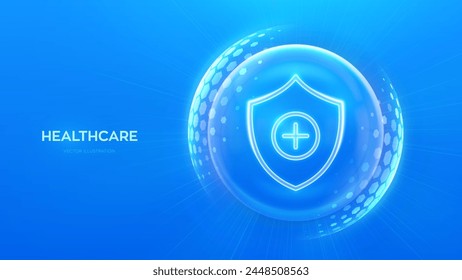 Healthcare. Health insurance. Protection shield cross icon inside transparent sphere shield with hexagon pattern on blue background. Health Care and Medical services concept. Vector illustration.