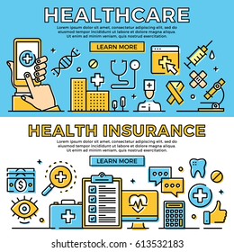 Healthcare, Health Insurance Thin Line Banners Set. Modern Flat Design Art Concept, Line Icons Set For Web Banner, Web Site, Advertising, Mobile App, Infographic. Premium Quality. Vector Illustration.