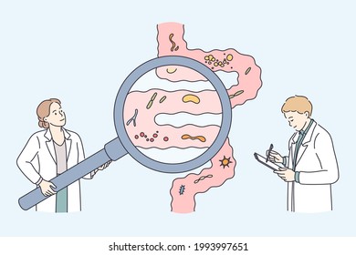 Healthcare and healthy nutrition concept. Young scientists studying gastrointestinal tract and digestive system doing analysis of gut microorganisms vector illustration 