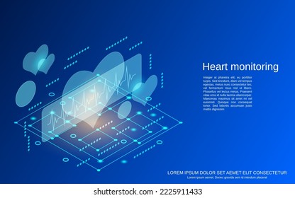 Healthcare, heart functions monitoring flat 3d isometric vector concept illustration