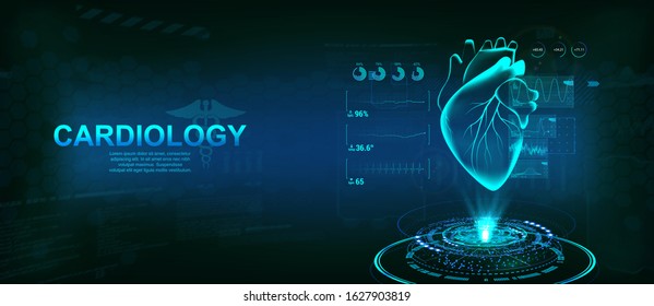 Healthcare Heart hologram, Cardiology technology concept with futuristic interface HUD. Modern medical examination for monitoring the scanning and analysis of heart disease. Vector illustration
