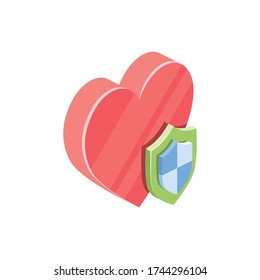 Healthcare heart security shield. Vector 3d isometric, color web icon, new flat style. Creative illustration design, isolated graphic idea for infographics.