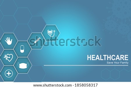 Healthcare hexagon vector background. save your famliy from covid-19 icon.