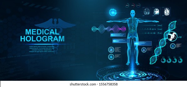 Healthcare Hologram HUD with body, formula DNA, MRI brain screens, x-ray skeleton, and bpm information. Medical examination concept. Sci Hologram and 3D body X-ray. Vector Healthcare illustration