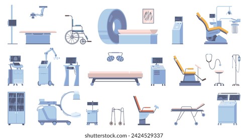 Equipo médico de la clínica del hospital del cuidado médico para la revisión. Vector de estilo plano de dibujos animados, dispositivos aislados para diagnósticos. Estetoscopio y electrocardiógrafo, silla dental y rueda para paciente