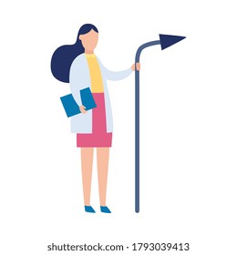 Healthcare hospital medical staff character of woman doctor with arrow, flat vector illustration isolated on white background. Health examination and medical assistance.