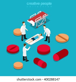 Healthcare hospitalization healthy lifestyle concept. Flat 3d isometric isometry health treatment web vector illustration. Patient lying stretcher doctor among pill tablet. Creative people collection.