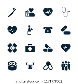 Healthcare icon. collection of 16 healthcare filled icons such as toothbrush, first aid kit, pill, medical phone, medical group. editable healthcare icons for web and mobile.