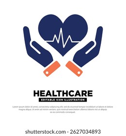Healthcare Icon. Heart in Hands with Heartbeat Symbol. Editable vector icon