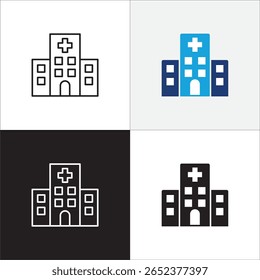 Ícone de saúde. Ícone do hospital. Símbolo de ícone de clínica, centro de saúde, edifício do hospital, cruz vermelha, lugar de medicação. Ilustração vetorial. Linha fina e design sólido plano.