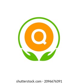 Healthcare Icon Medical Pharmacy Logo On Letter Q. Health, Charity Logo With Q Logotype Template