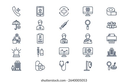Healthcare icon representing medical service, treatment, and patient care in modern outline style
