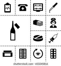 Healthcare icon. set of 13 filled healthcareicons such as cream box, heartbeat, pipette, pill, ampoule, bandage, heartbeat clipboard, medical phone, nurse