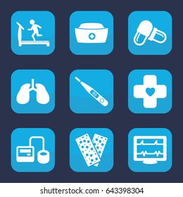 Healthcare icon. set of 9 filled healthcare icons such as treadmill, heartbeat, blod pressure tool, pill, lungs, bandage, nurse hat