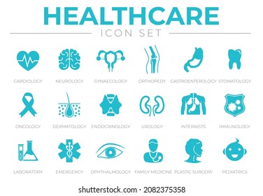 Gesundheitswesen Symbol Set Kardiologie Neurologie Gynäkologie Orthopedy Gastroenterologie Stomatologie Onkologie Dermatologie Urologie, Internist Immunologie Laboratory Emergency Ophthalmology Family Medicine