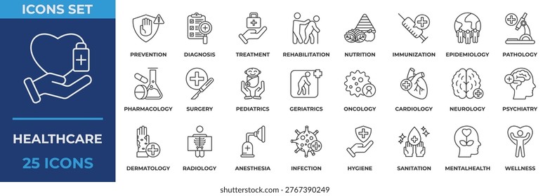 Healthcare Icon Set Collection. Containing healthcare, prevention, diagnosis, treatment, rehabilitation, nutrition, immunization, epidemiology, pharmacology and surgery. Line Icon Vector Illustration.