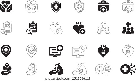 Healthcare icon set. Containing treatment, medical, health, report, lines, injury and more. vector icons collection.