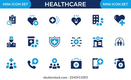 Healthcare icon set. Containing treatment, prevention, medical, health, diagnosis, report, illness, injury and more. Solid vector icons collection.
