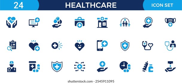 Healthcare icon set. Containing treatment, prevention, medical, health, diagnosis, report, illness, injury and more. Solid vector icons collection.
