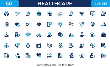 Symbolsatz für das Gesundheitswesen. Enthalten Behandlung, Prävention, medizinische, Gesundheit, Diagnose, Bericht, Krankheit, Verletzung und mehr. Kollektion von durchgezogenen Vektorsymbolen.
