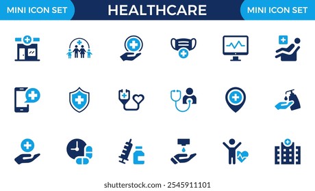 Healthcare icon set. Containing treatment, prevention, medical, health, diagnosis, report, illness, injury and more. Solid vector icons collection.
