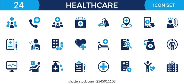 Symbolsatz für das Gesundheitswesen. Enthalten Behandlung, Prävention, medizinische, Gesundheit, Diagnose, Bericht, Krankheit, Verletzung und mehr. Kollektion von durchgezogenen Vektorsymbolen.
