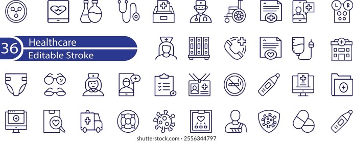 Healthcare icon set. Containing treatment, prevention, medical, health, diagnosis, report, illness, injury and more