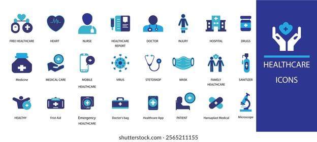 Healthcare icon set. Containing treatment, prevention, medical, health, diagnosis, report, illness, injury and more. Solid vector icons collection.