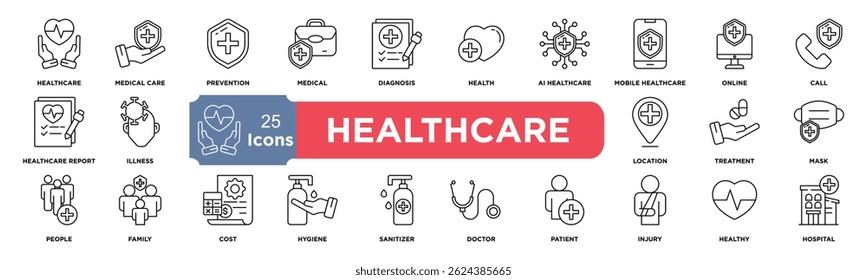 Conjunto de ícones do setor de saúde. Contendo tratamento, prevenção, médico, saúde, diagnóstico, relatório, doença, lesão e muito mais. Coleção de ícones de vetor sólido.