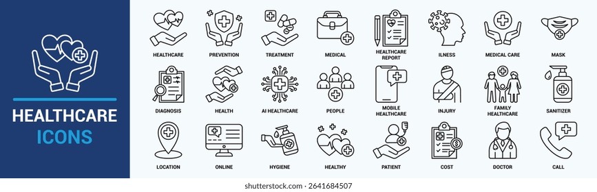 Healthcare icon set. Containing treatment, prevention, medical, health, diagnosis, report, illness, injury and more. Solid vector icons collection. 
