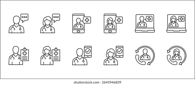 Healthcare icon set. Digital health care icon. Icon set contains hospital, online doctor, consultation, clinic, stethoscope, nurse, health insurance, family, emergency. Vector illustration